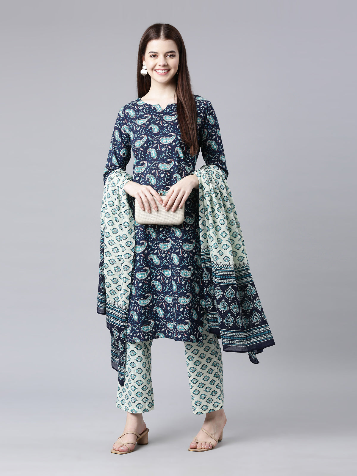 Blue Paisley Printed Cotton Kurta Set with Dupatta for Women