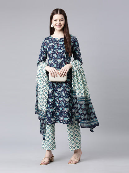 Blue Paisley Printed Cotton Kurta Set with Dupatta for Women