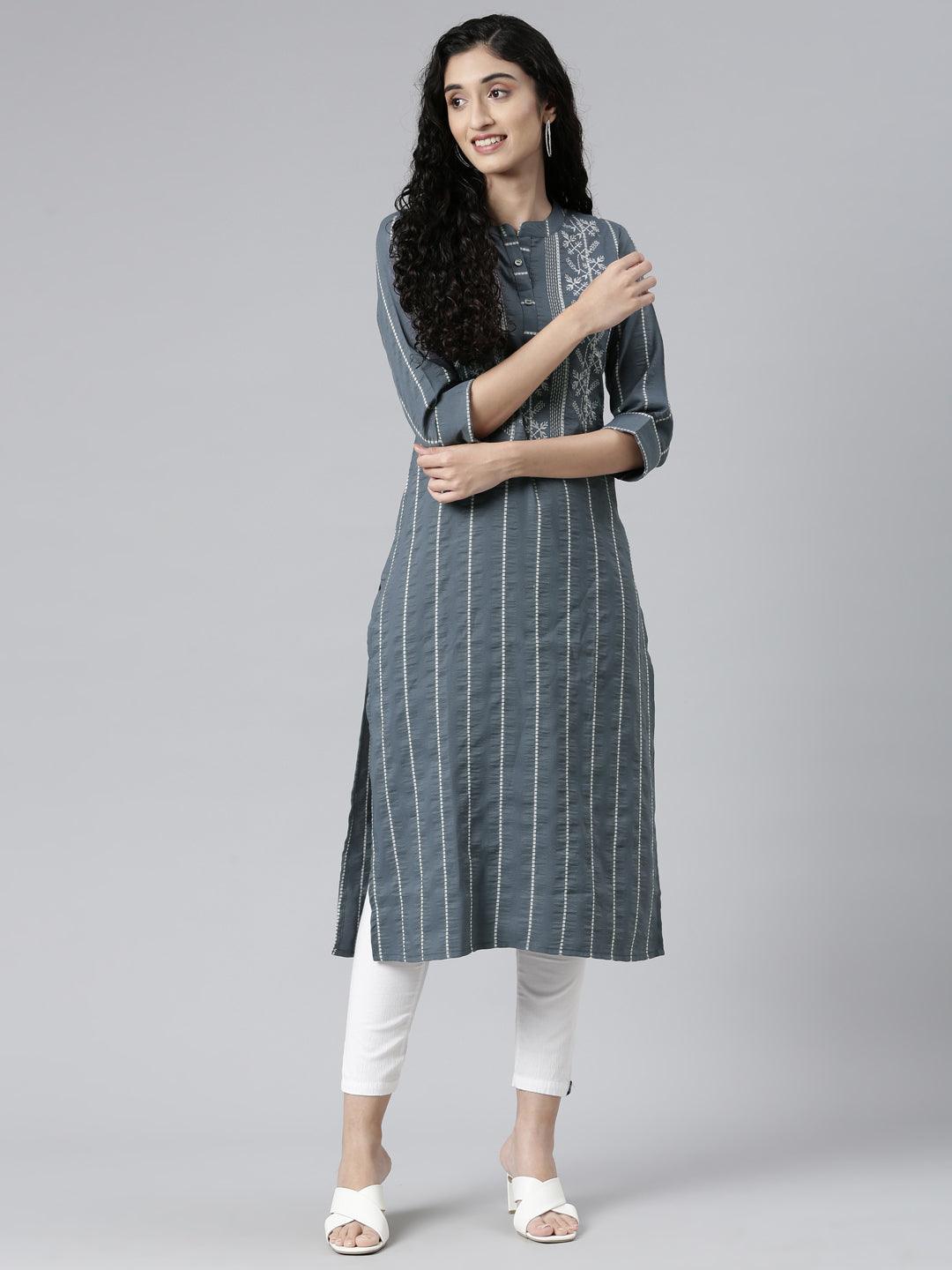 Women Striped Cotton Silk Straight Kurta (Grey) - Samhitas Apparel