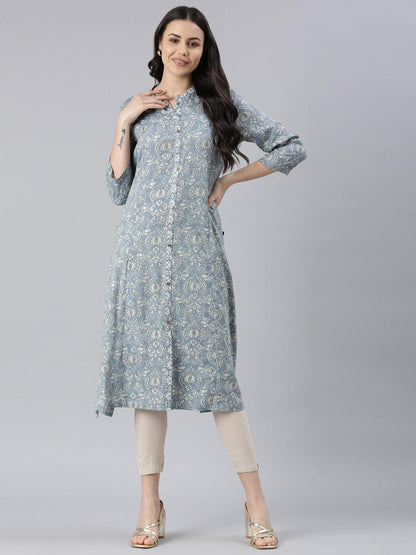 Women Floral Print Viscose Rayon Straight Kurta (Blue) - Samhitas Apparel