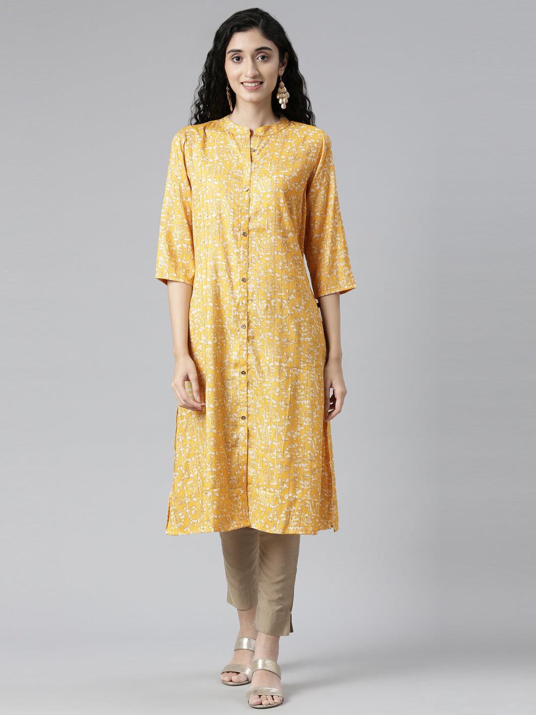 Yellow Geometric Print Straight Kurtas for women from samhitas