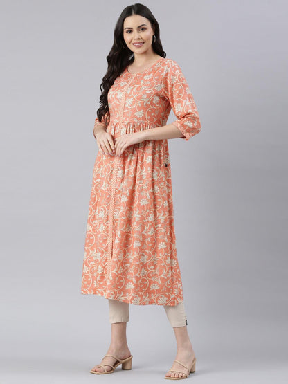 Women's Orange Floral Print Viscose Rayon Flared Kurta from samhitas apparel