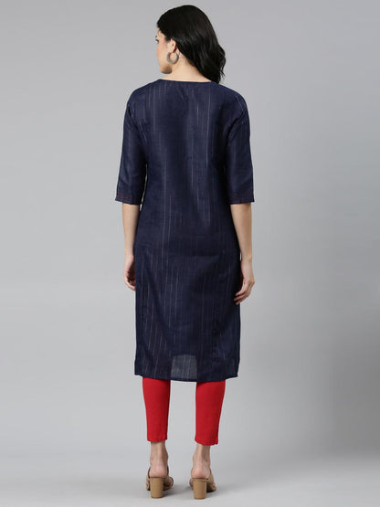 Women Striped Cotton Blend A-line Kurta (Blue, Red) - Samhitas Apparel