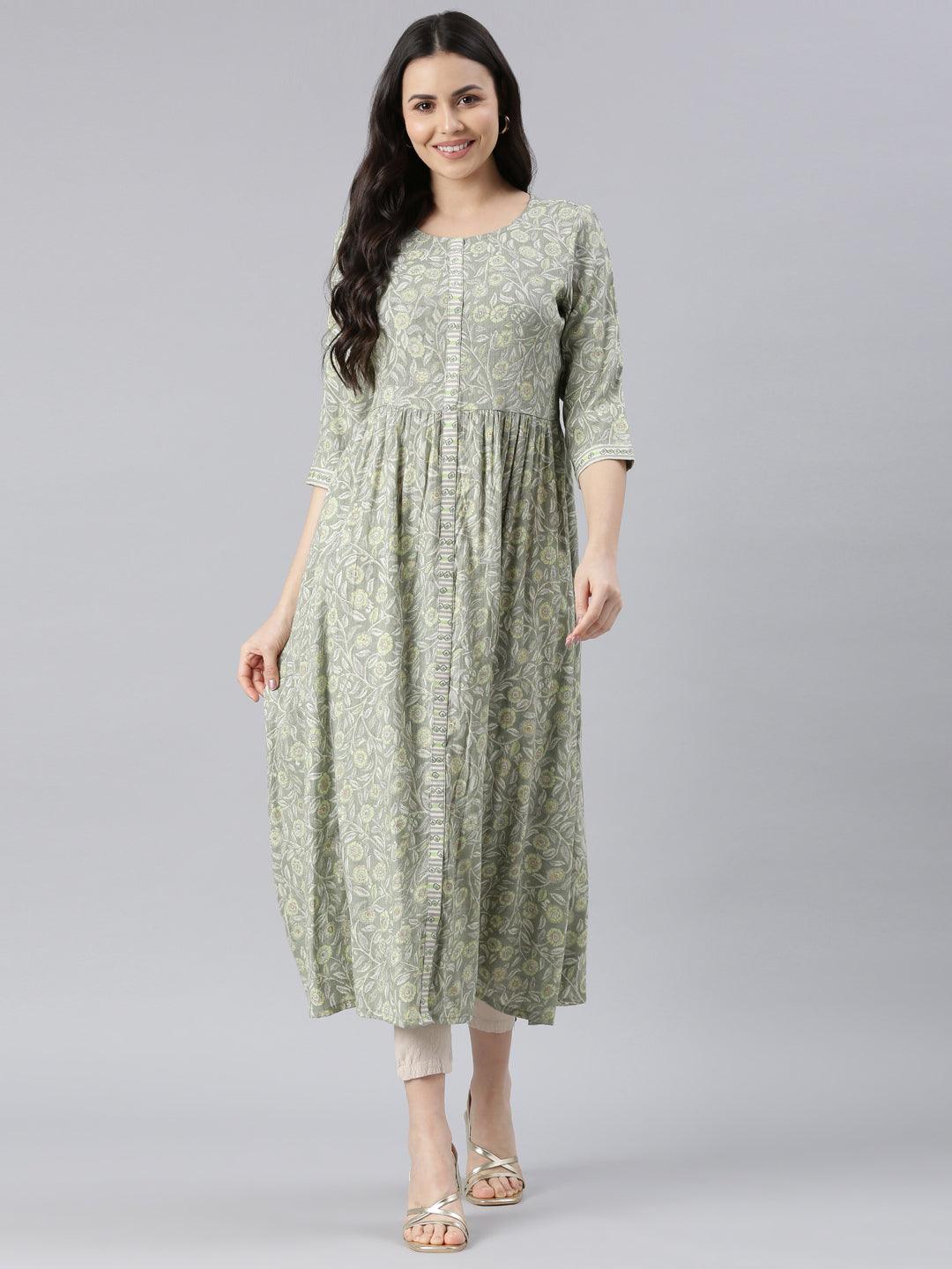 Women's Green Printed Viscose Rayon Straight Kurta from samhitas apparel