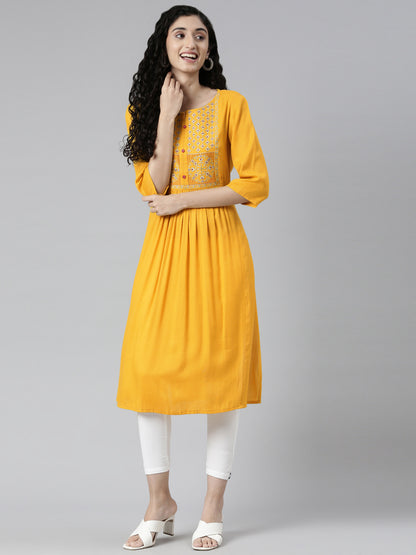Women Woven Design Viscose Rayon Flared Kurta (Yellow) - Samhitas Apparel