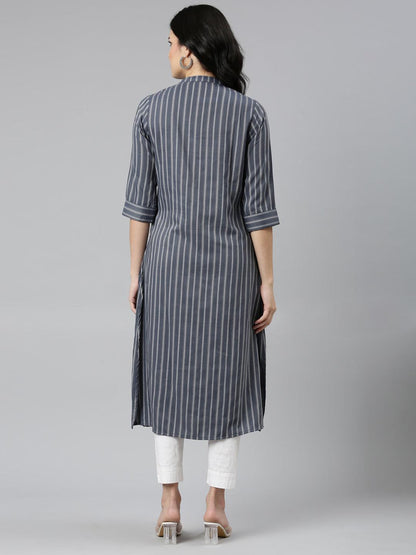 Grey Striped Cotton Silk A-line Kurtas for women from samhitas