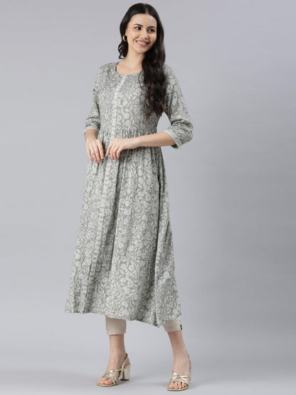 Women Printed Viscose Rayon A-line Kurta (Grey) - Samhitas Apparel