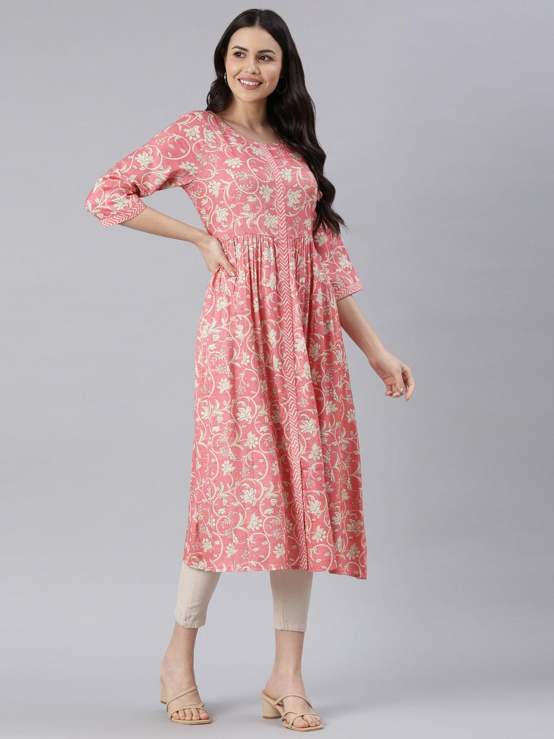 Elegant Pink Women’s Printed Viscose Rayon A-Line Kurta from samhitas apparel