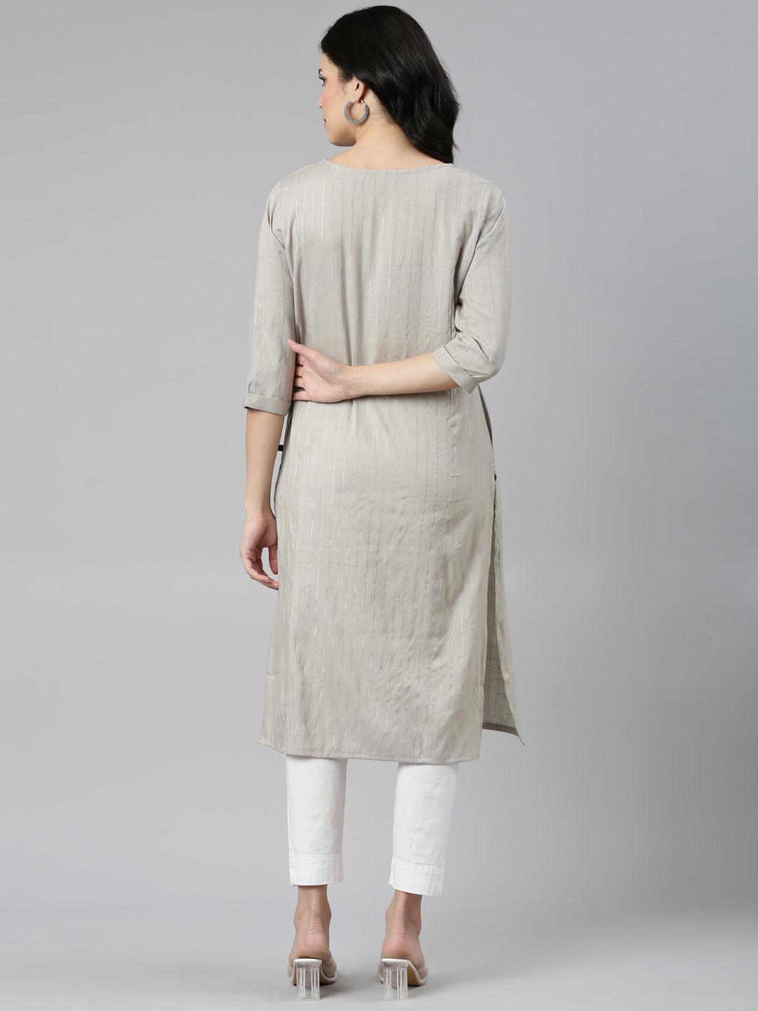 Women Striped Cotton Blend Flared Kurta (Grey) - Samhitas Apparel