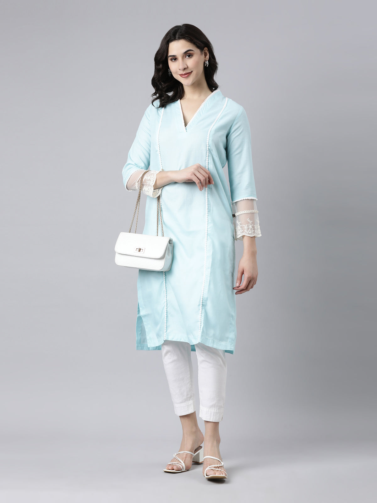 Women's Sky Blue Cotton Slub A-Line Kurta from samhitas apparel