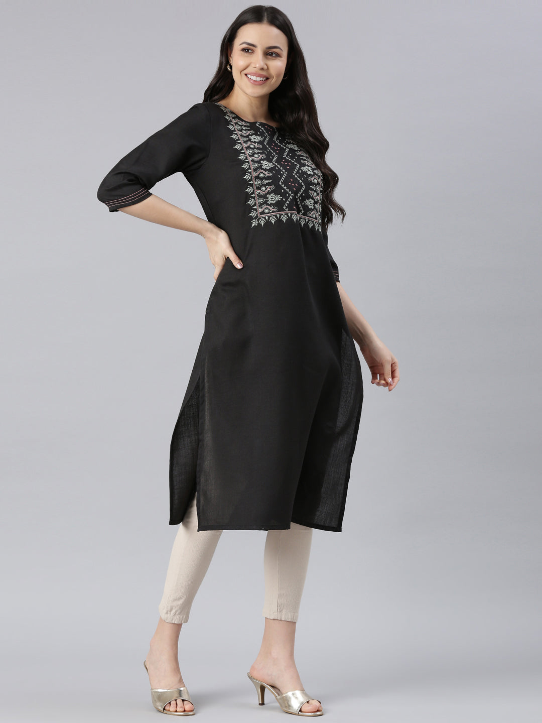 Elegant Embroidered Cotton Blend Straight Full Black Kurta for women from samhitas