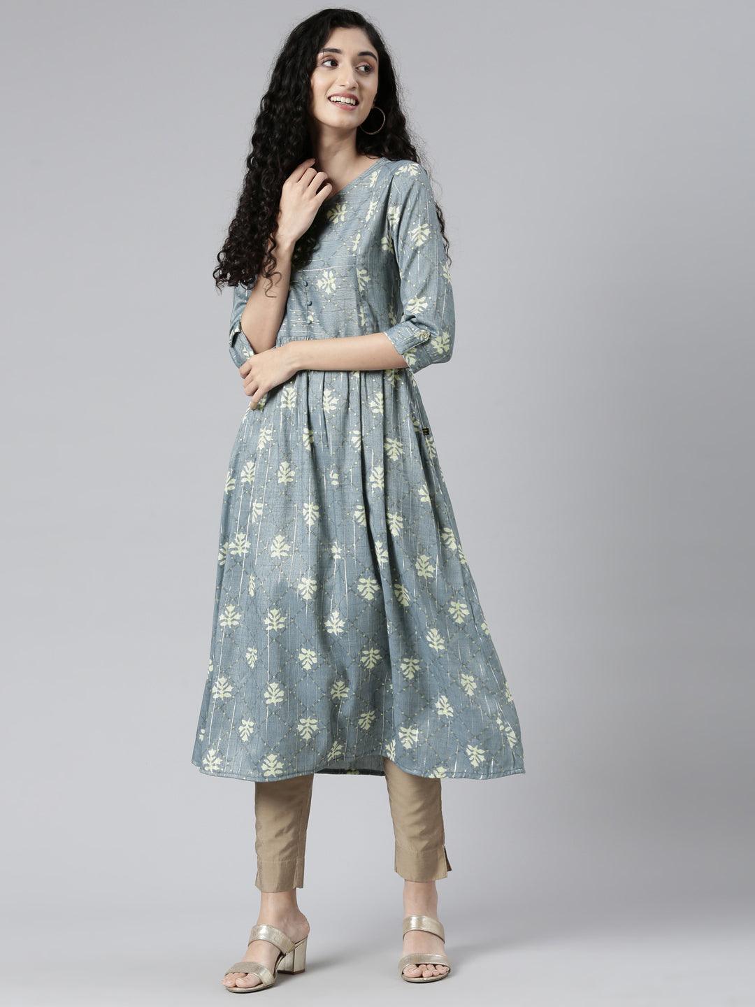 Indigo Printed Viscose Rayon A-line Kurta for women from samhitas