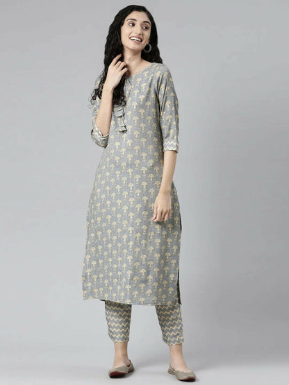 Elegant Grey Floral Print Straight Kurta Set from samhitas apparel