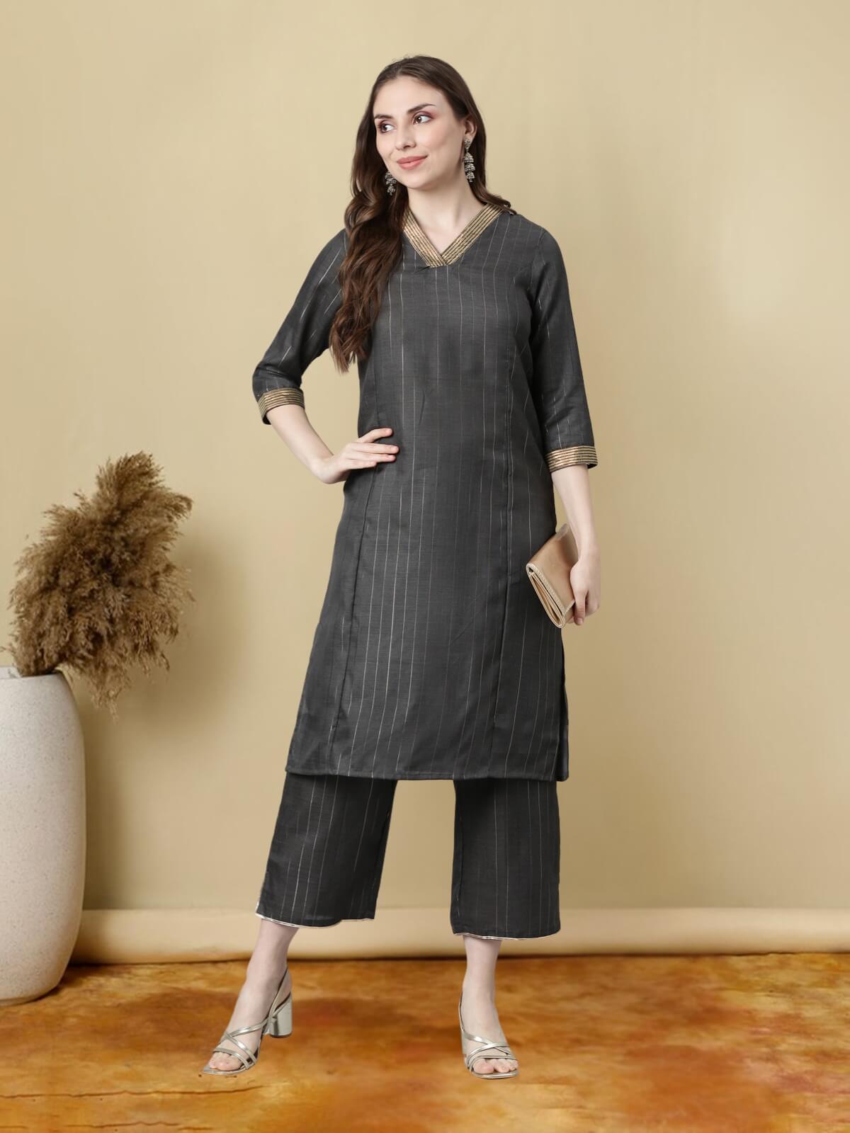 Black Lurex Straight Cotton Kurtis With Pants