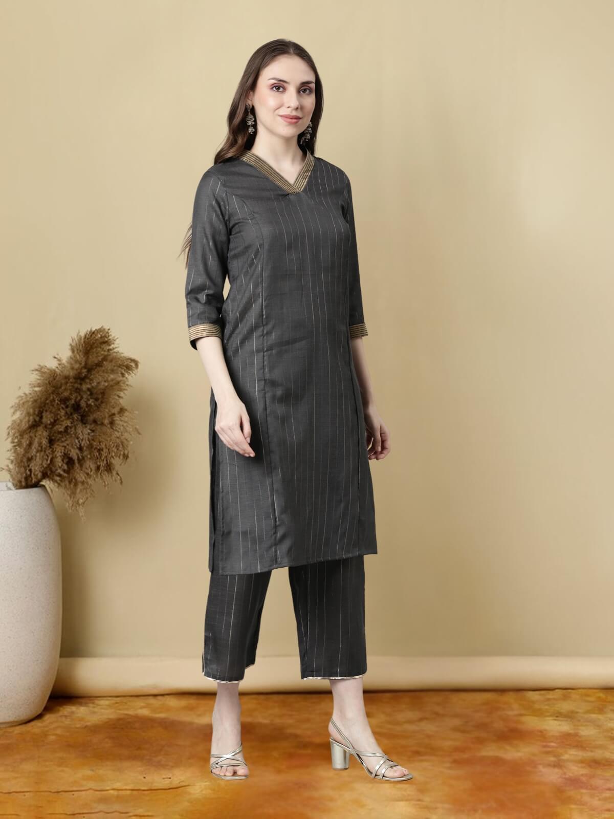 Black Lurex Straight Cotton Kurtis With Pants