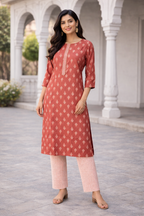 Rayon Printed Straight Kurta Pant Set- Kalki Maroon