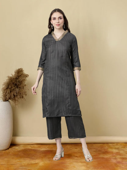 Black Lurex Straight Cotton Kurtis With Pants