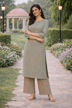 Muslin Printed Straight Kurta Pant Set - Mint Green