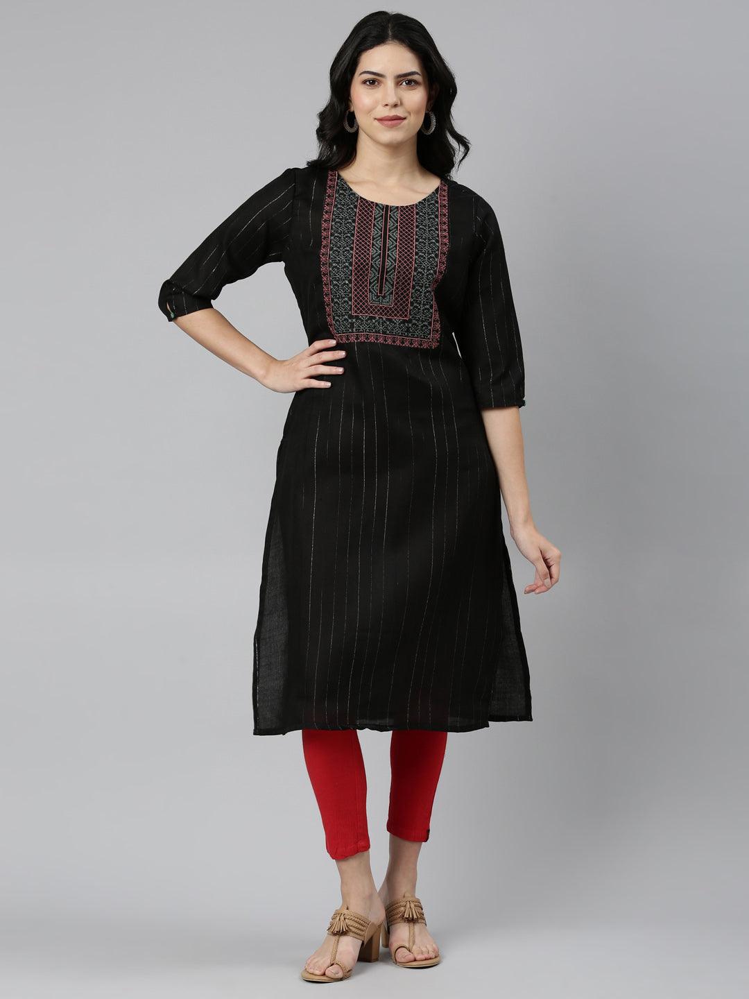 Embroidered Black A-line Cotton Blend Kurta for Women from samhitas apparel