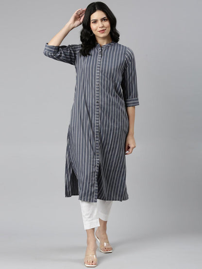 Grey Striped Cotton Silk A-line Kurtas for women from samhitas