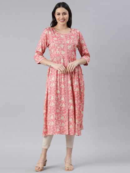 Women Printed Viscose Rayon A-line Kurta (Red) - Samhitas Apparel