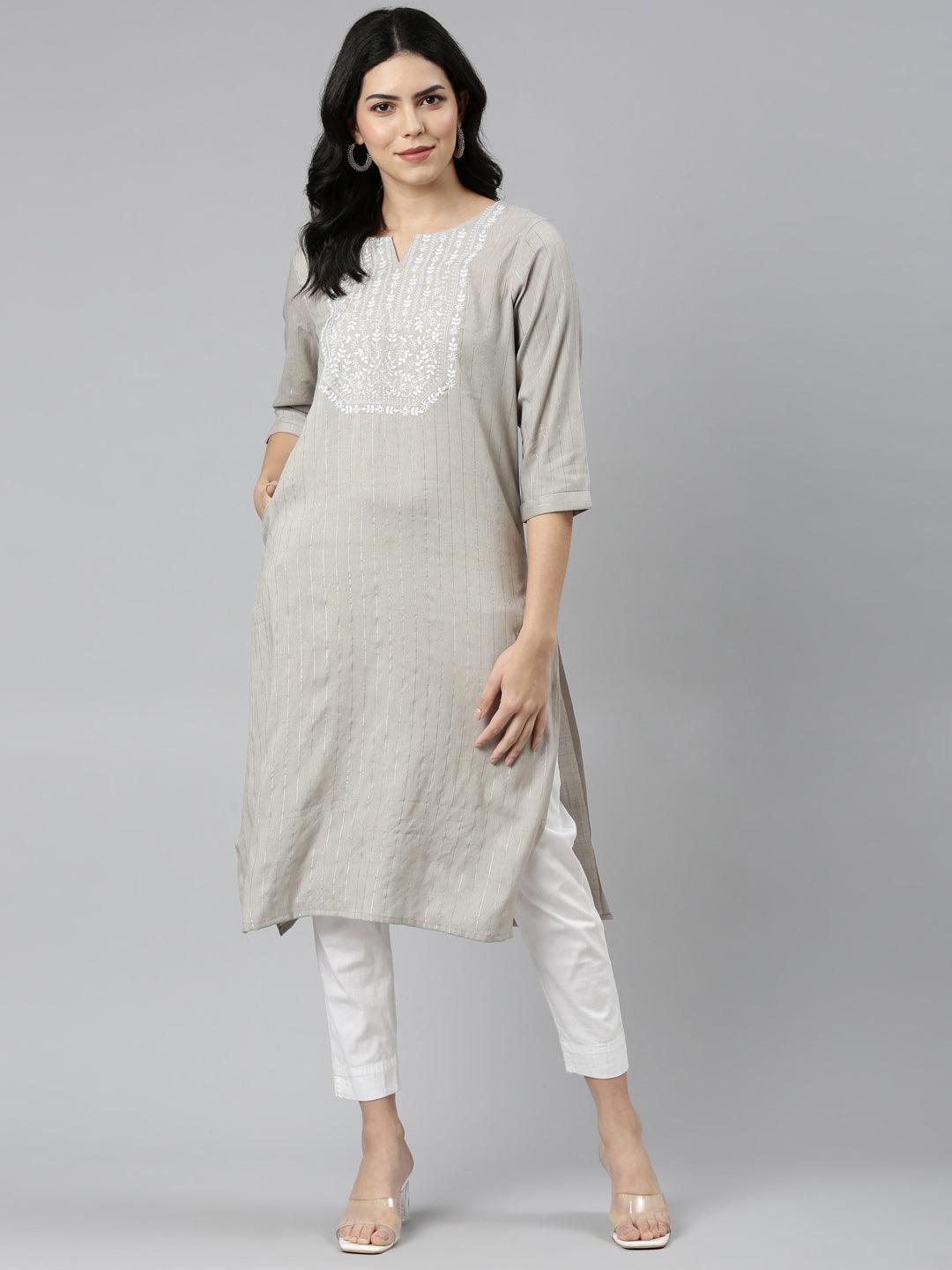 Women Striped Cotton Blend Flared Kurta (Grey) - Samhitas Apparel