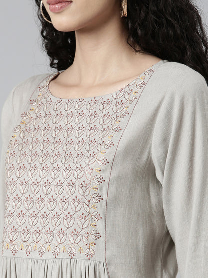 Women Woven Design Viscose Rayon Straight Kurta (Grey) - Samhitas Apparel