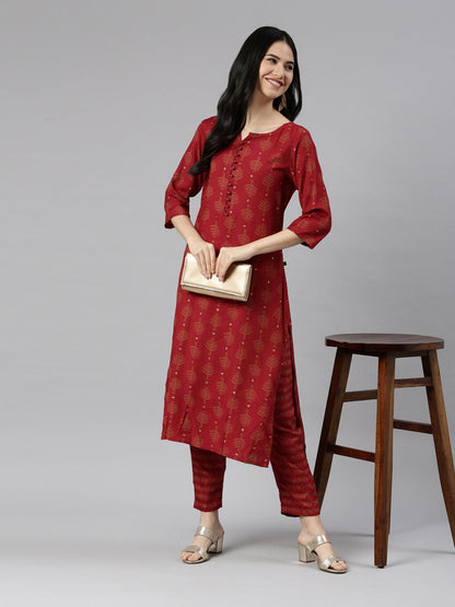 Maroon Printed Cotton Silk Kurta Pant Set for Women from samhitas apparel