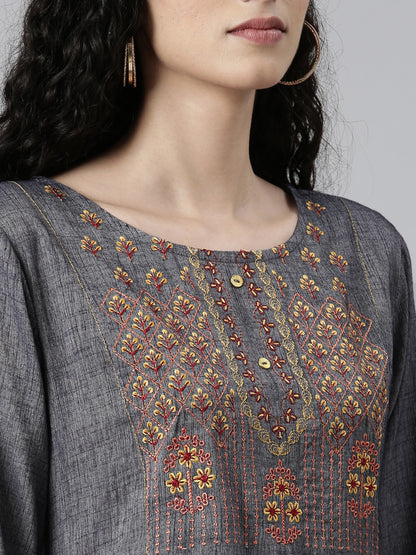 closeup view of Women Embroidered Grey Viscose Rayon Straight Kurta from samhitas apparel