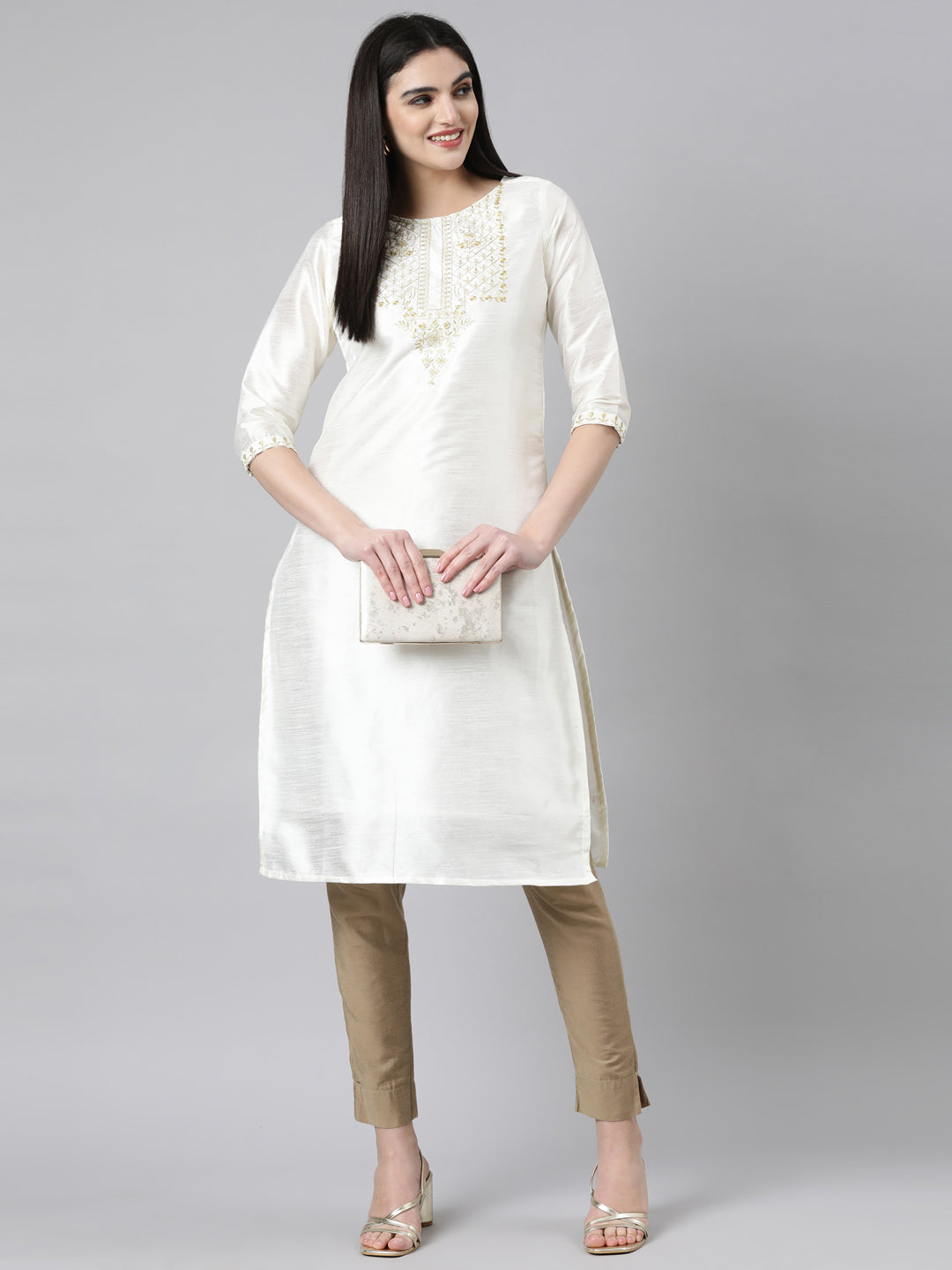 samhitas embroidery silk white kurta for women