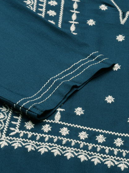 closeup view of Solid Blue Embroidered Viscose Rayon Straight Kurta from samhitas apparel