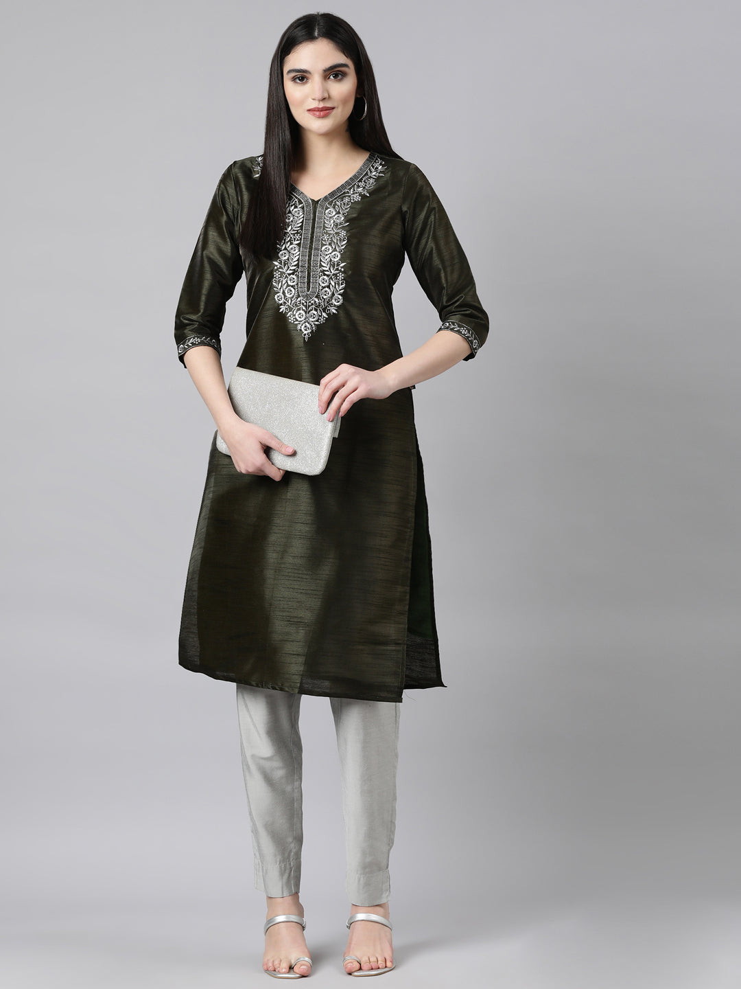 EMBROIDERY Silk GREEN KURTA - Samhitas