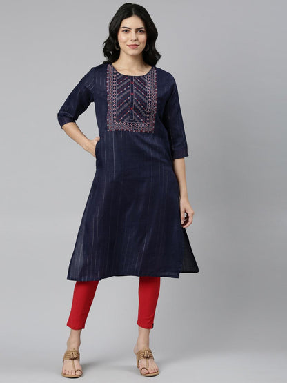 Navy Blue Striped Cotton Blend A-line Kurta for Women from samhitas apparel