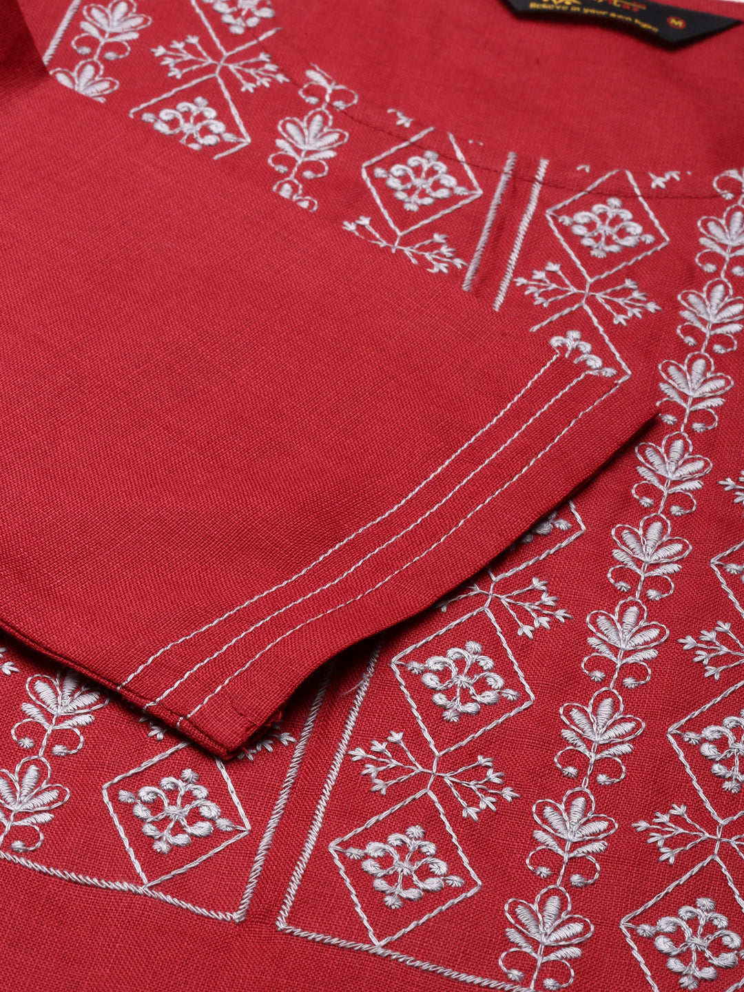 closeup view of Maroon Embroidered Cotton Blend Straight Kurta from samhitas apparel