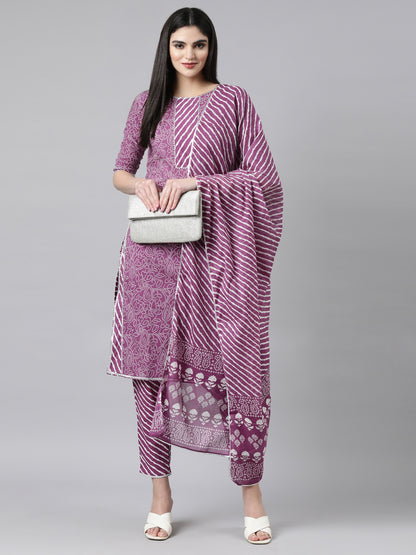 Printed Purple Cotton Kurta Set with Pant and Dupatta from samhitas apparel