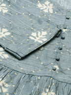 closeup image of the design of the new Indigo Colored Printed Viscose Rayon Kurta for women from samhitas apparel