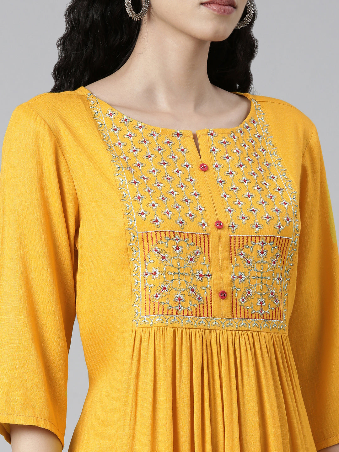 Women Woven Design Viscose Rayon Flared Kurta (Yellow) - Samhitas Apparel