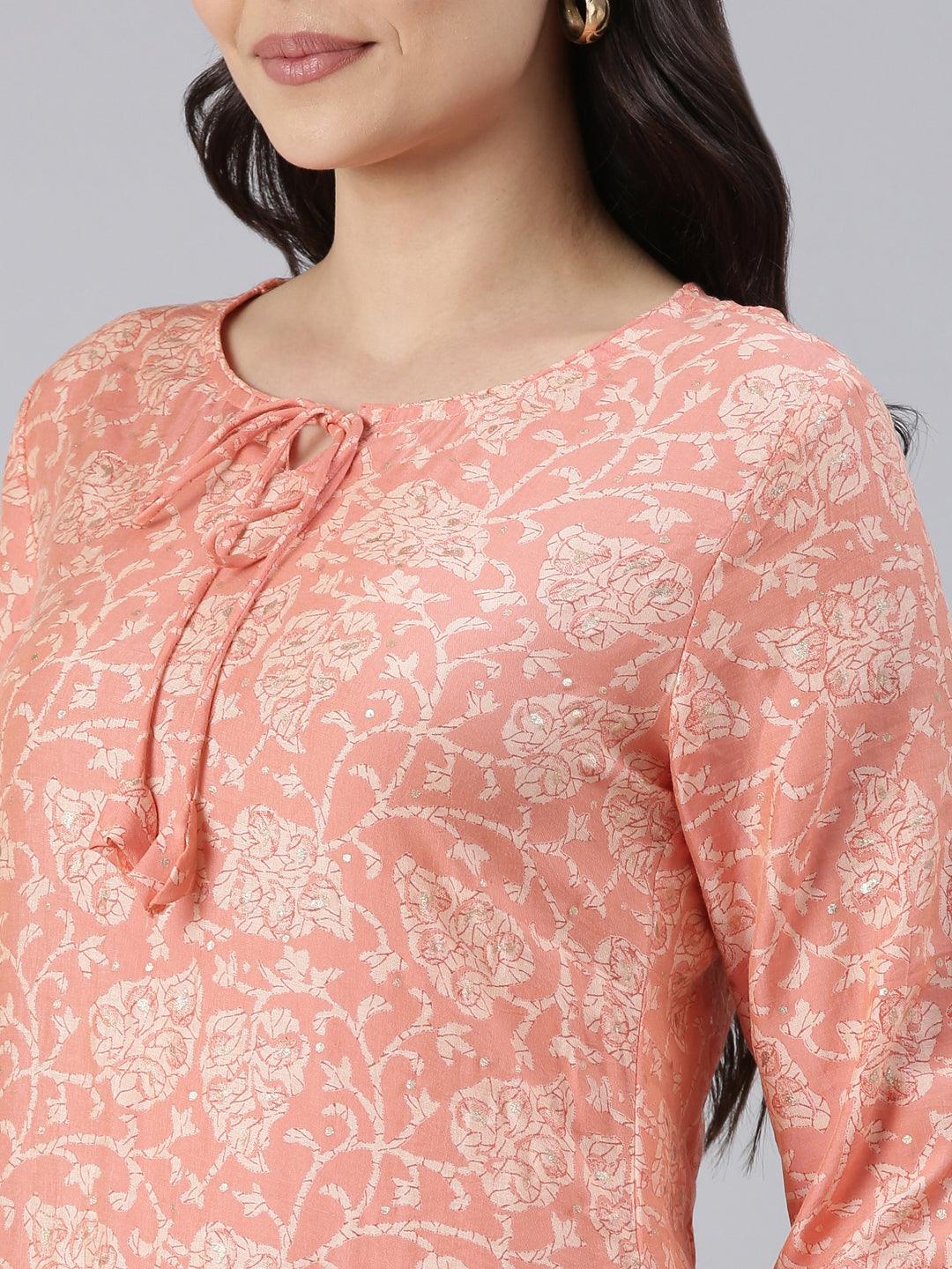 Peach pure silk kurta for women with tie-up neckline and print design