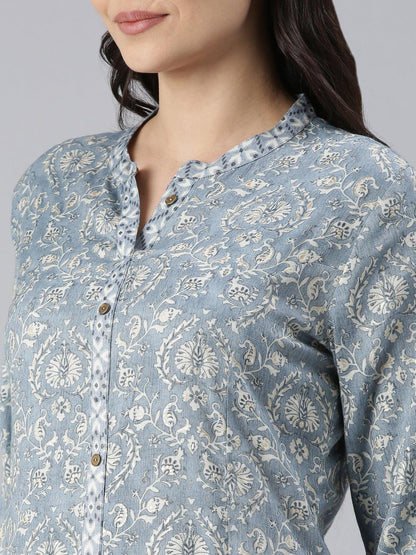 Women Floral Print Viscose Rayon Straight Kurta (Blue) - Samhitas Apparel