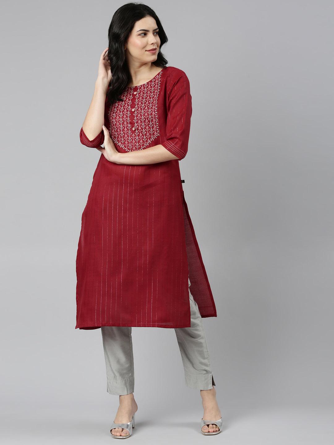 Maroon Striped Cotton Blend A-line Kurta for Women from samhitas apparel