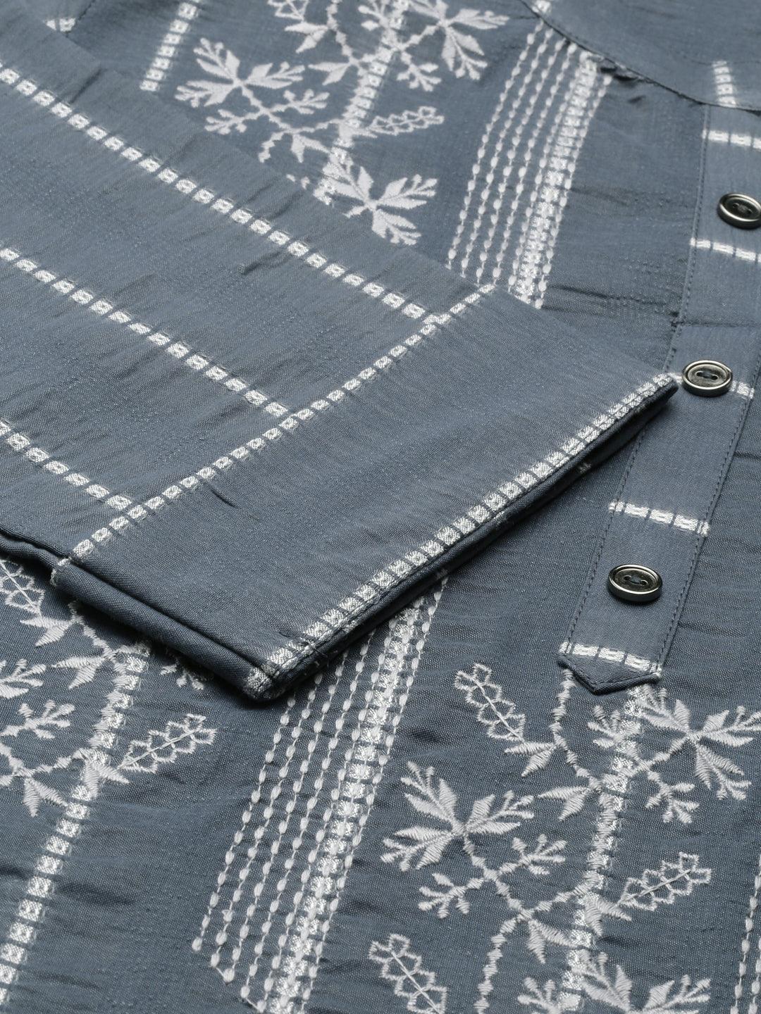 Women Striped Cotton Silk Straight Kurta (Grey) - Samhitas Apparel