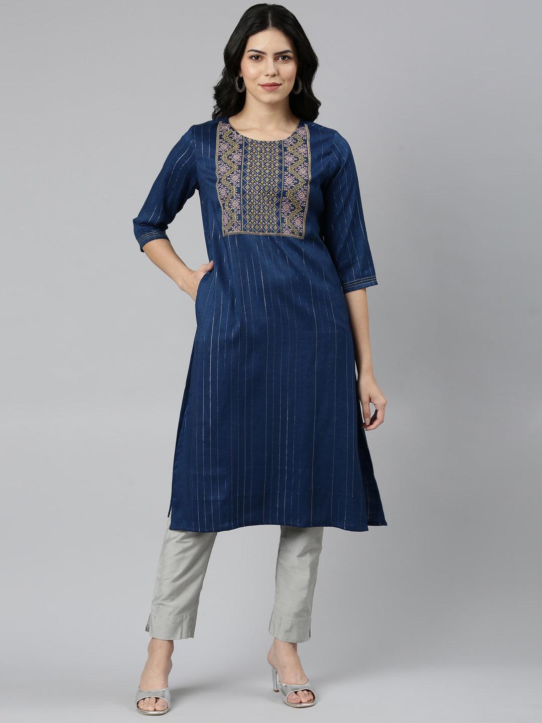 Close-up front view of Blue Striped Cotton A-line Kurta with Embroidery from samhitas apparel