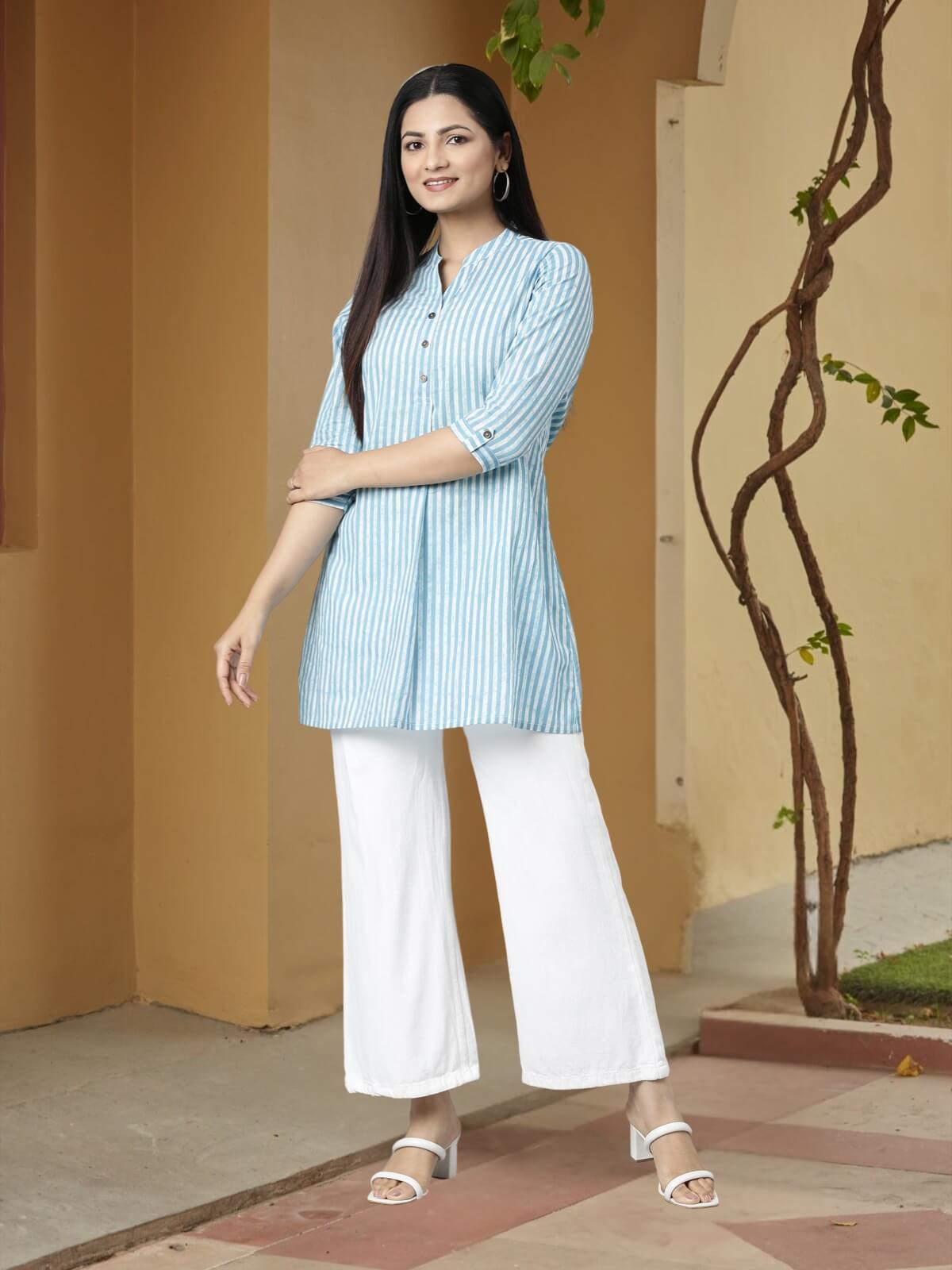 Pastel Blue Cotton Short Kurtis