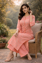 Muslin Printed Straight Kurta Pant Set -Light Orange