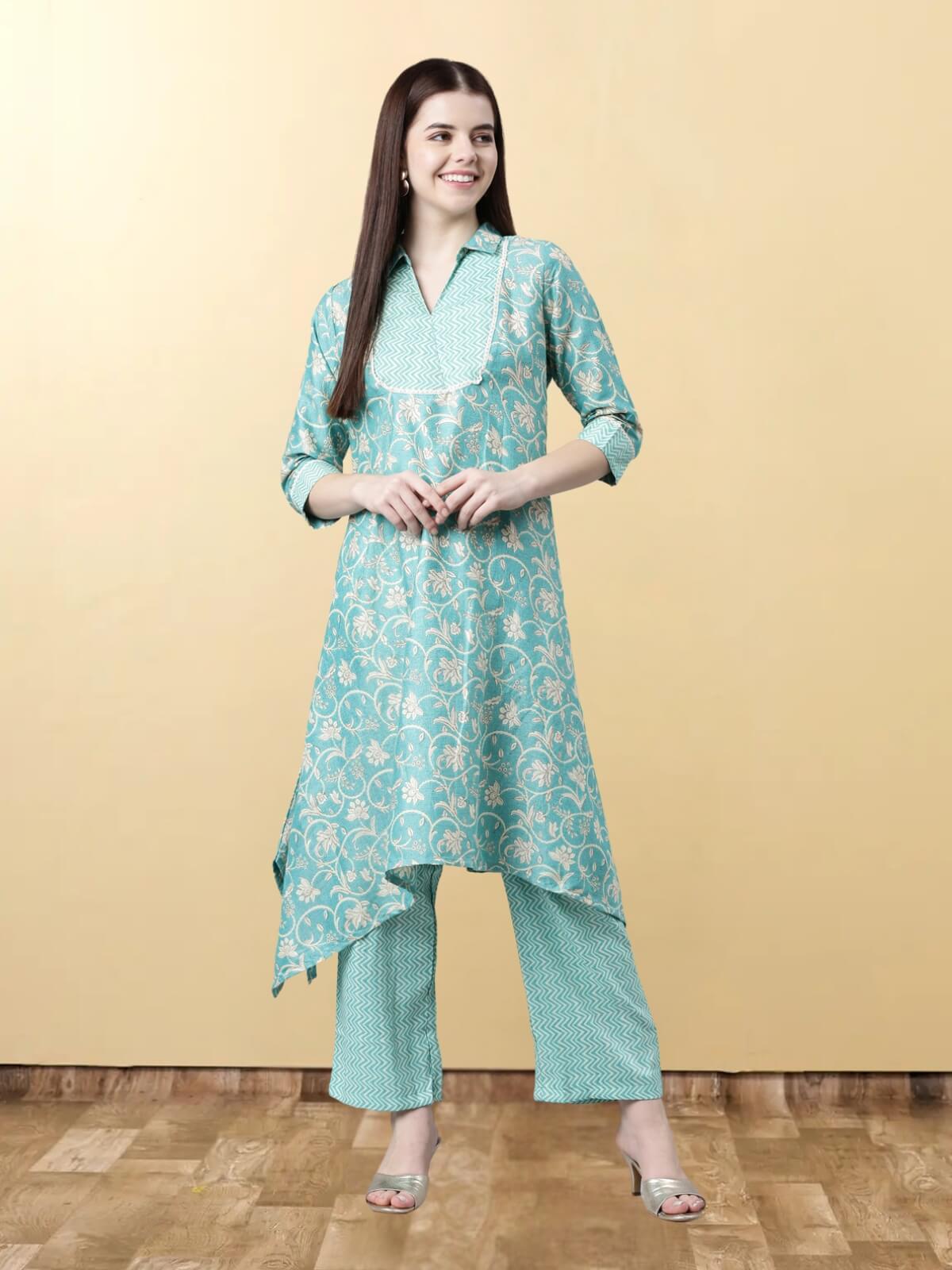 Light Sea Green Viscose Rayon Kurta Sets For Women