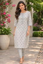 Rayon Printed Straight Kurta Pant Set- Kalki Light Grey