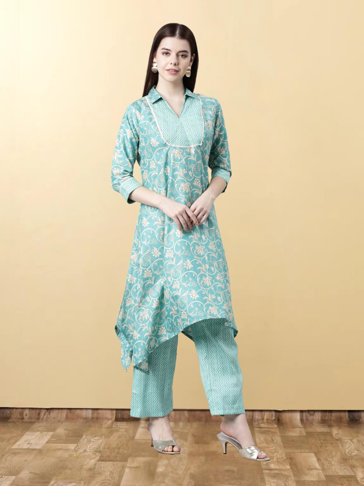 Light Sea Green Viscose Rayon Kurta Sets For Women