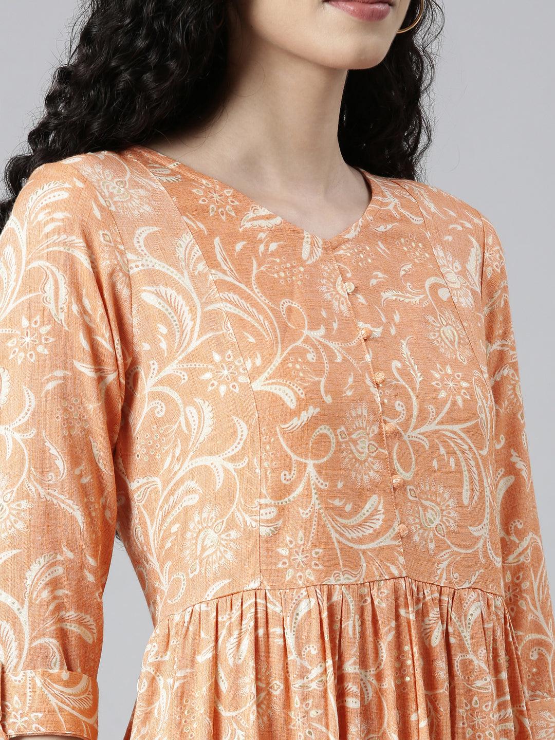 Orange Floral Print Viscose Rayon A-line Kurta from samhitas