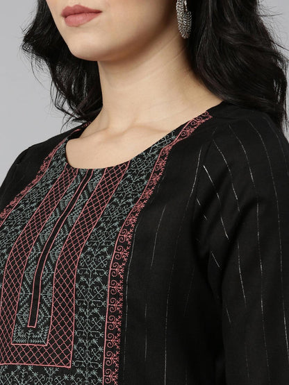 Embroidered cotton blend striped A-line black kurta for women