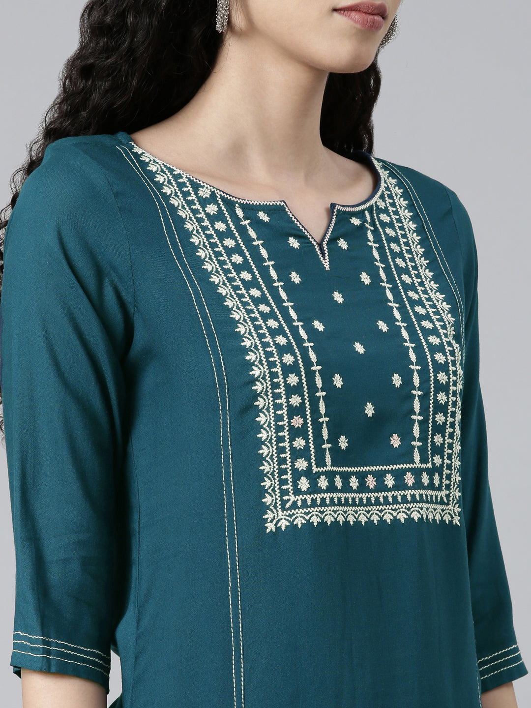 Closeup view of Solid Blue Embroidered Viscose Rayon Straight Kurta from samhitas apparel